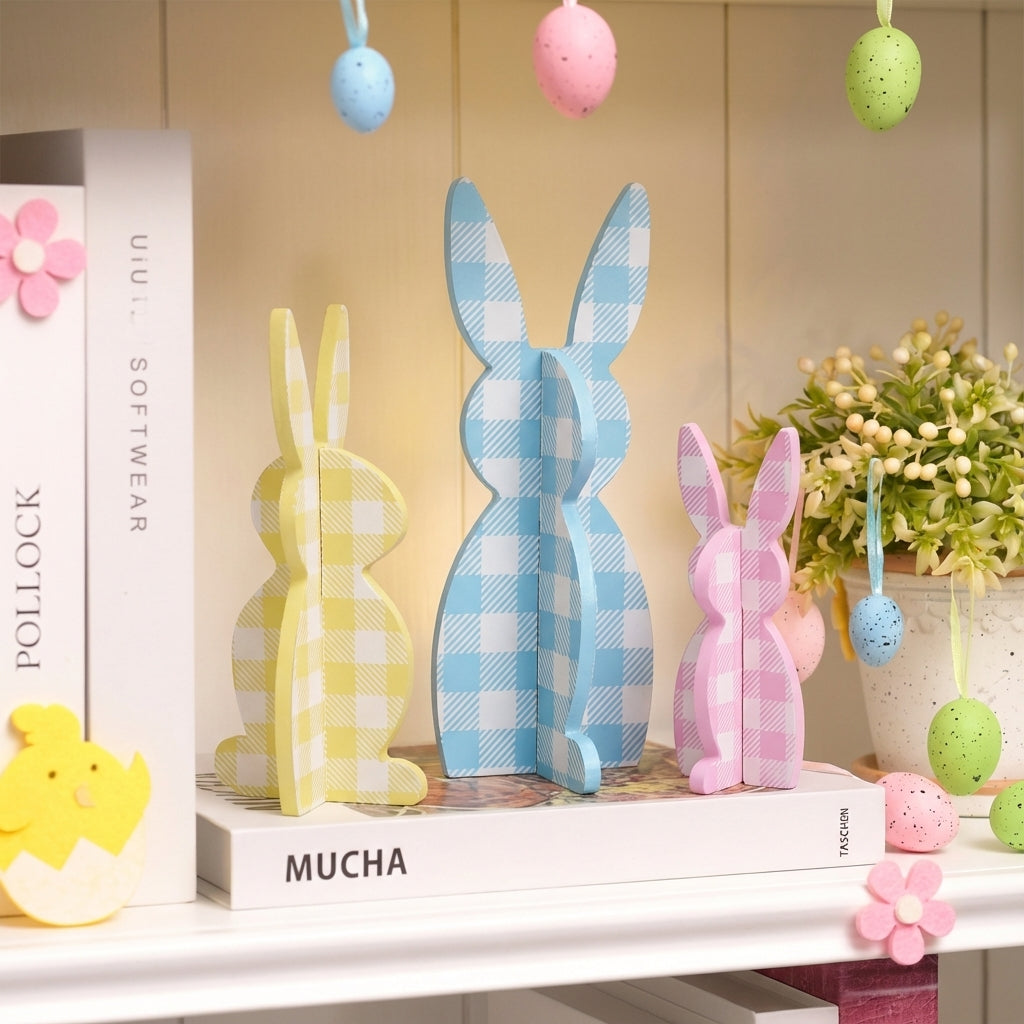 Valery Madelyn Easter Decorations, Bunny Decor Table Centerpiece, 3 Pcs Wooden Easter Decor Indoor, Cute Bunny Decorations for Table Shelf Tiered Tray Home Livingroom Kitchen Bedroom, 5-8 inch
