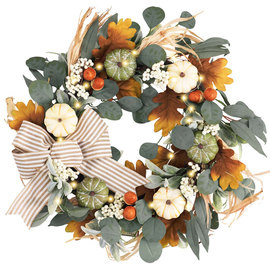 Valery Madelyn Fall Wreaths for Front Door Outside, 24'' Farmhouse Autumn Door Wreath with Lights White Pumpkins Bow, Outdoor Fall Decorations for Home Porch Thanksgiving Harvest Table Centerpiece