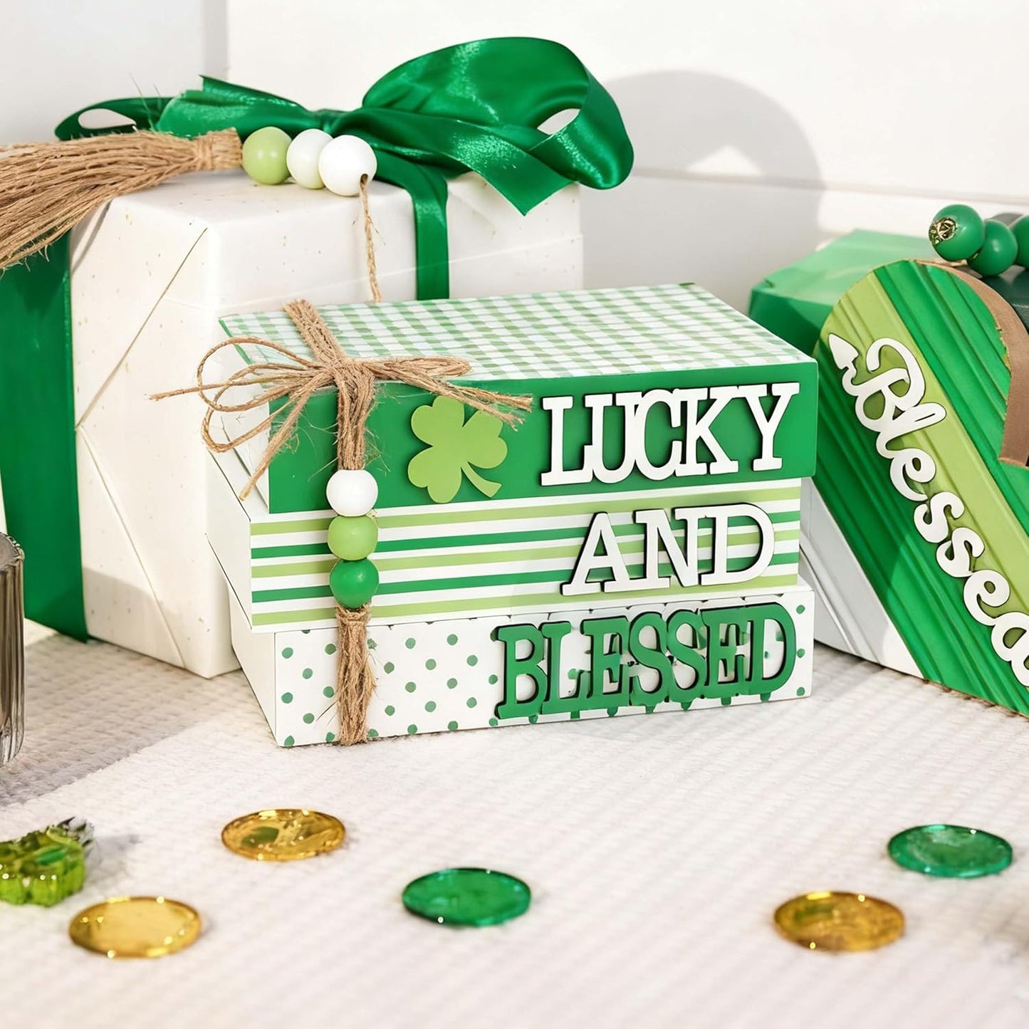 Valery Madelyn St Patrick's Day Decorations, St Patrick's Day Wooden Book Decor, Shamrock Decorations for Tiered Tray Shelf Coffee Table Side Table Home Office with Tassel and Beads, 5 inch