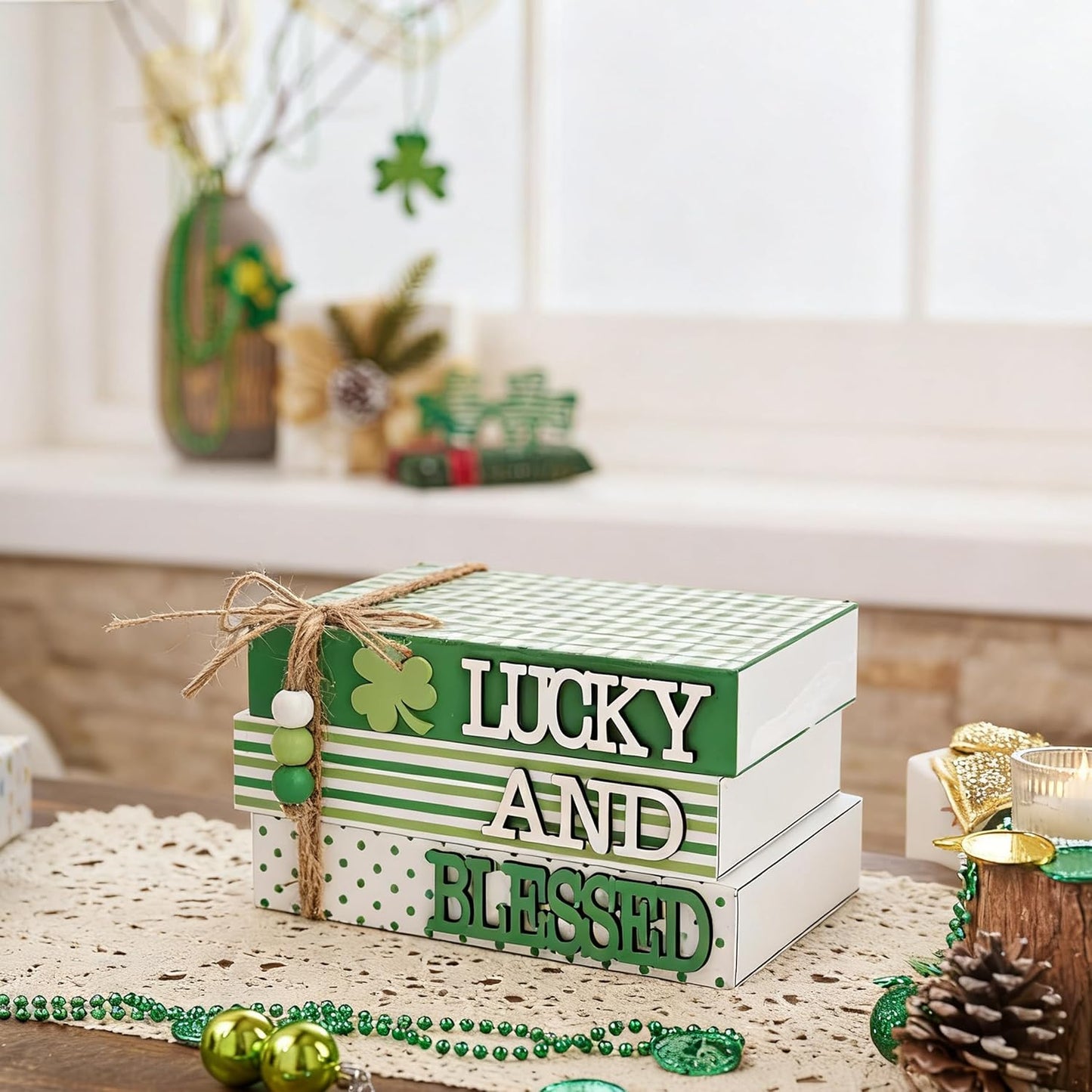 Valery Madelyn St Patrick's Day Decorations, St Patrick's Day Wooden Book Decor, Shamrock Decorations for Tiered Tray Shelf Coffee Table Side Table Home Office with Tassel and Beads, 5 inch