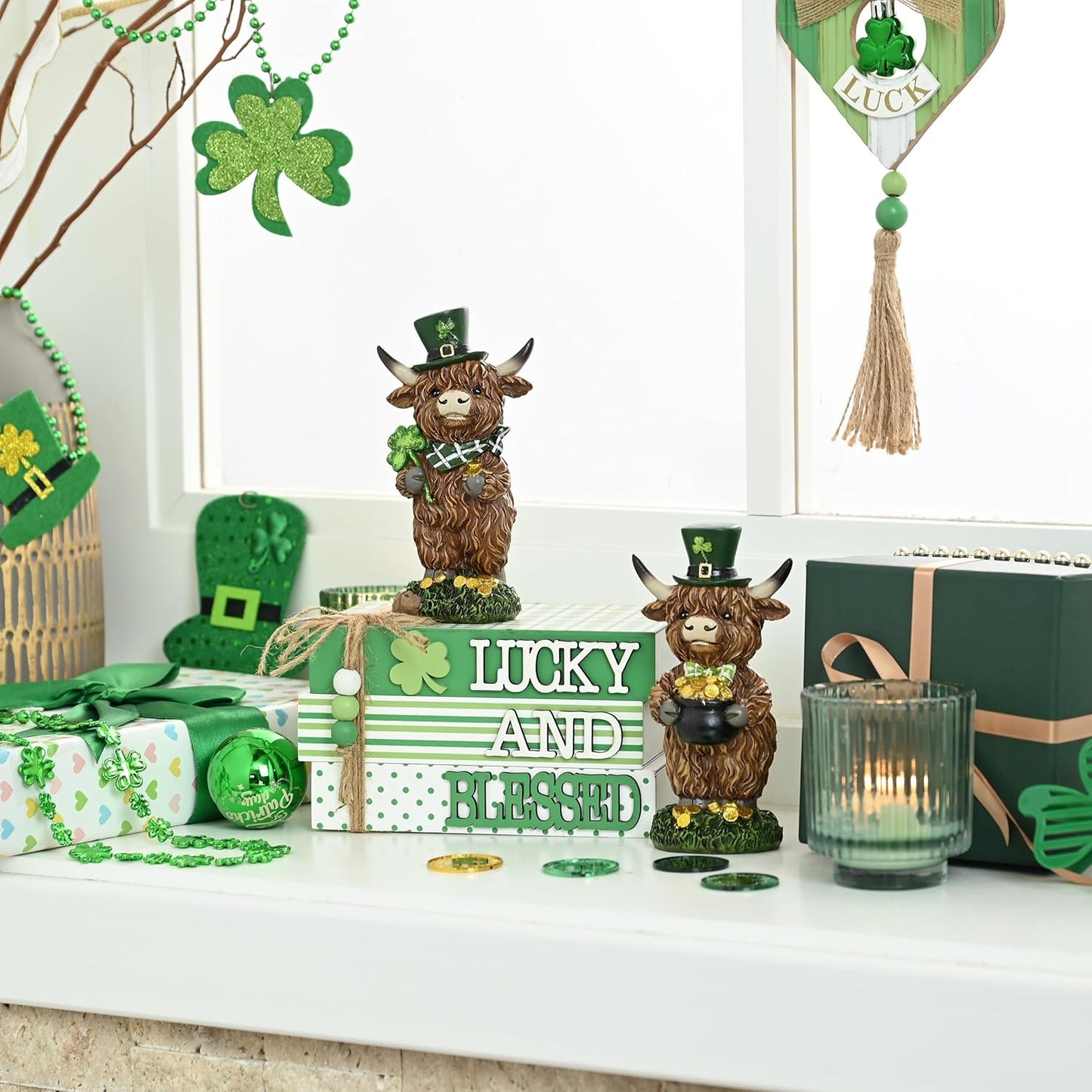 Valery Madelyn St Patrick's Day Decorations, St Patrick's Day Wooden Book Decor, Shamrock Decorations for Tiered Tray Shelf Coffee Table Side Table Home Office with Tassel and Beads, 5 inch
