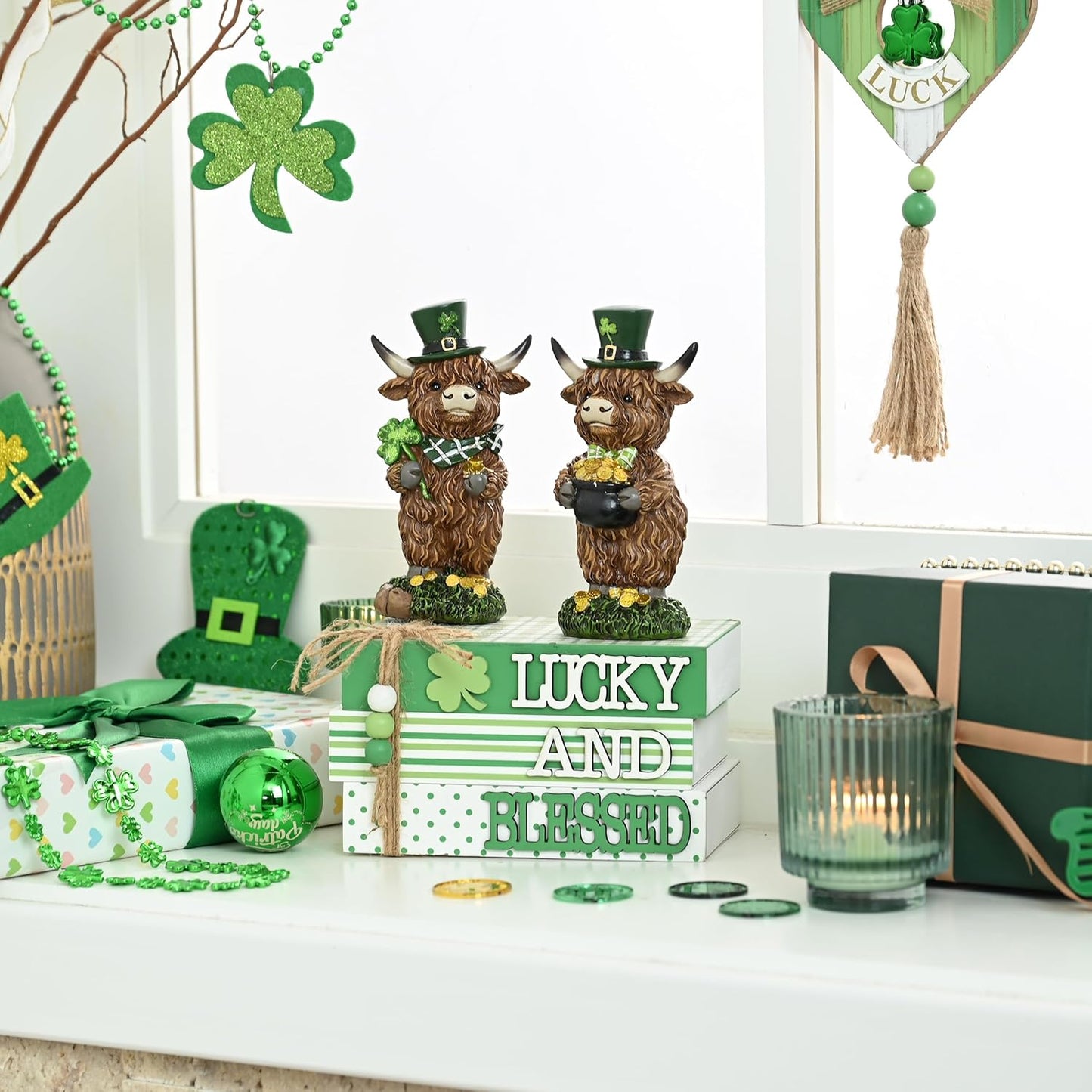 Valery Madelyn St Patrick's Day Decorations, St Patrick's Day Wooden Book Decor, Shamrock Decorations for Tiered Tray Shelf Coffee Table Side Table Home Office with Tassel and Beads, 5 inch