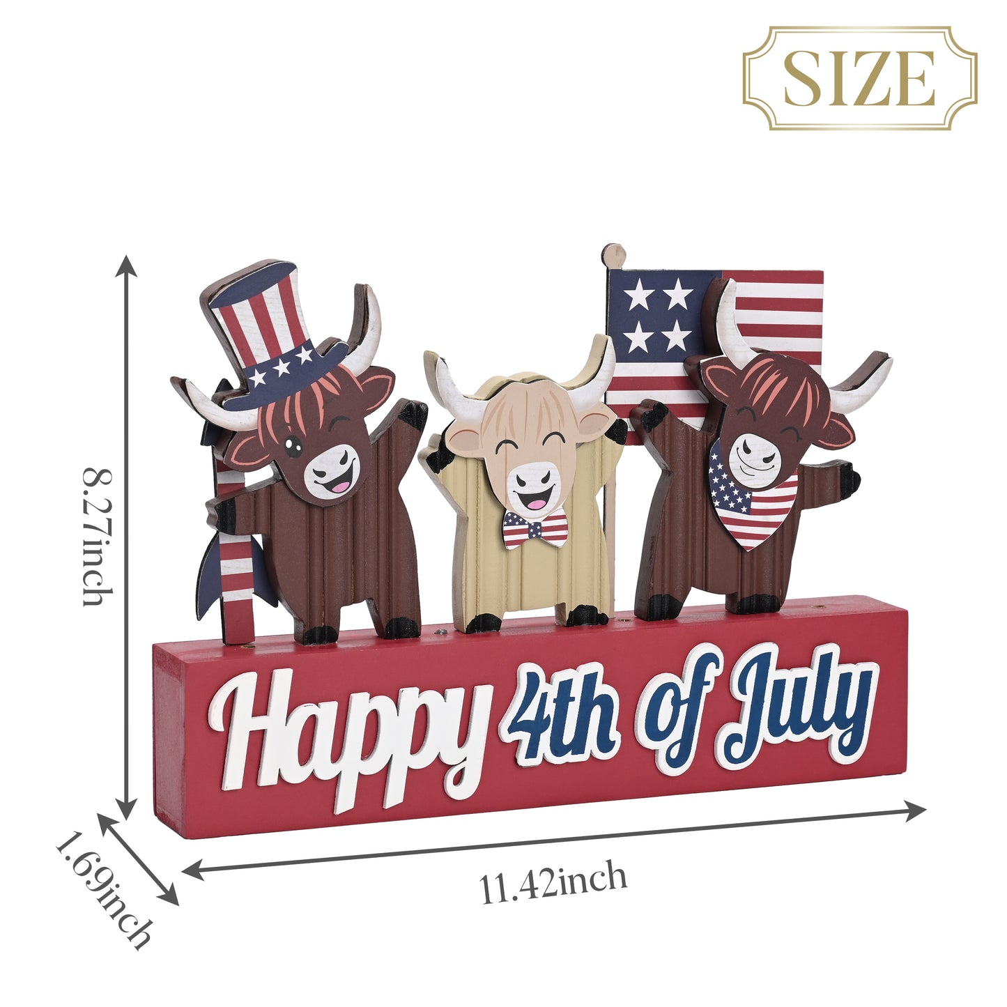 Valery Madelyn 4th of July Decorations with LED Light, Lighted Patriotic Highland Cow Decor, Wooden Americana Sign for Memorial Day Independence Day Labor Veteran Day Indoor, 12 inch