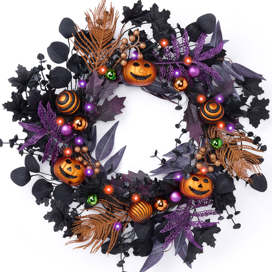 Valery Madelyn Halloween Wreath for Front Door with Lights, 18 Inch Pre-Lit Jack-o'-Lantern Pumpkin Wreath Halloween Decorations for Home Porch Table Centerpiece Window Indoor Party Holiday Wall Decor