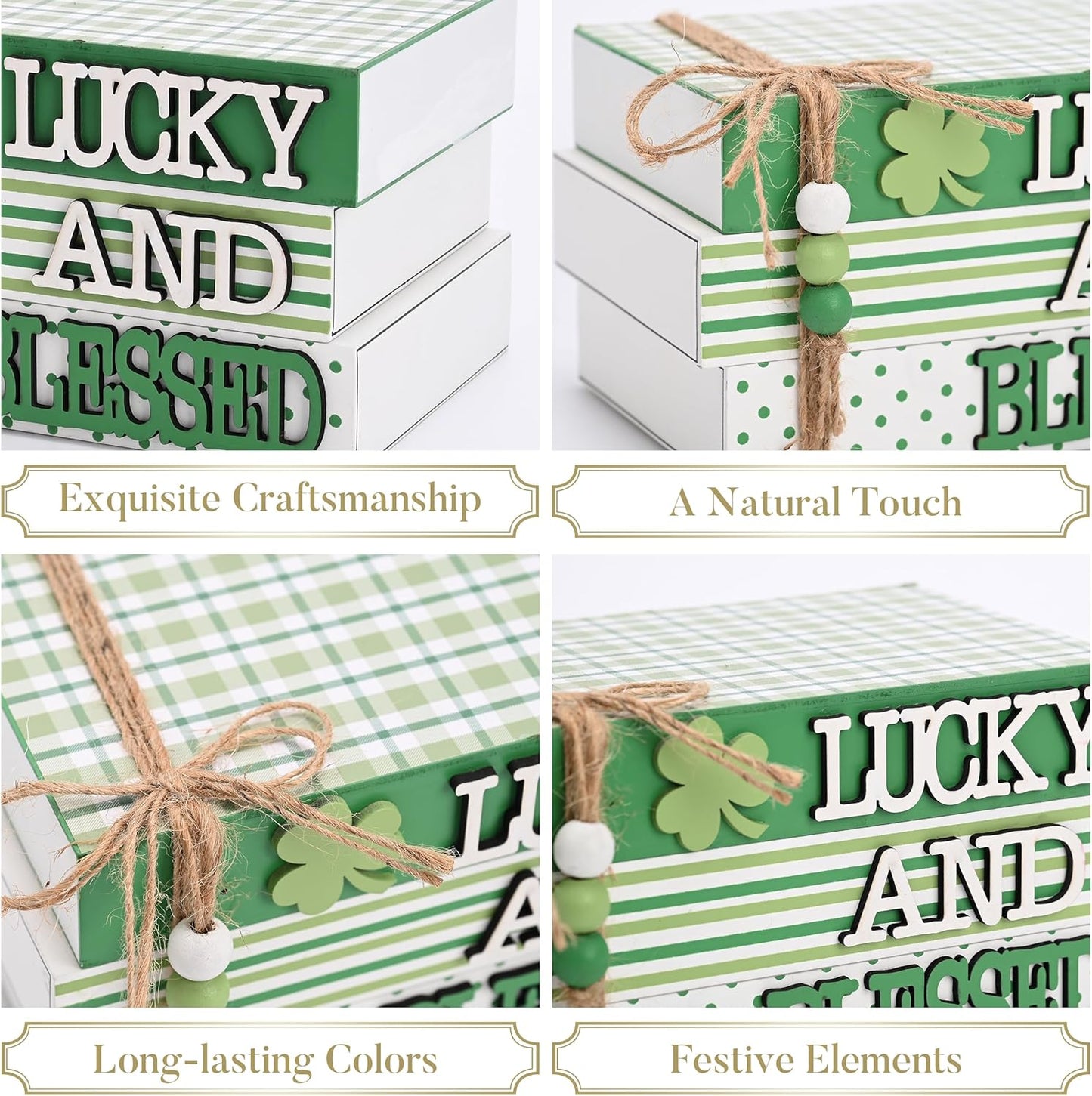 Valery Madelyn St Patrick's Day Decorations, St Patrick's Day Wooden Book Decor, Shamrock Decorations for Tiered Tray Shelf Coffee Table Side Table Home Office with Tassel and Beads, 5 inch