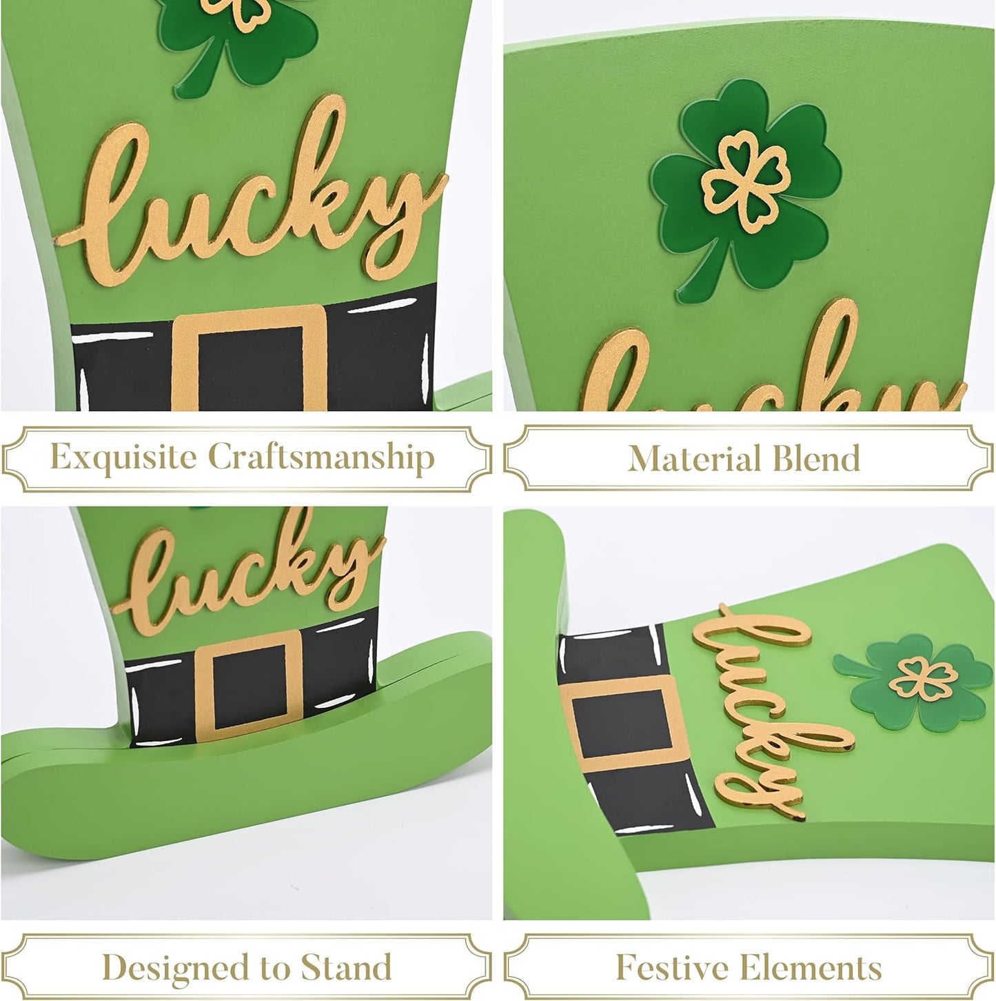 Valery Madelyn St Patrick's Day Decorations for Table, Wooden St Patrick's Day Hat Decorations, Leprechaun Hat Table Centerpieces for Shelf Tiered Tray Desk Home Office with Clover, 6 inch