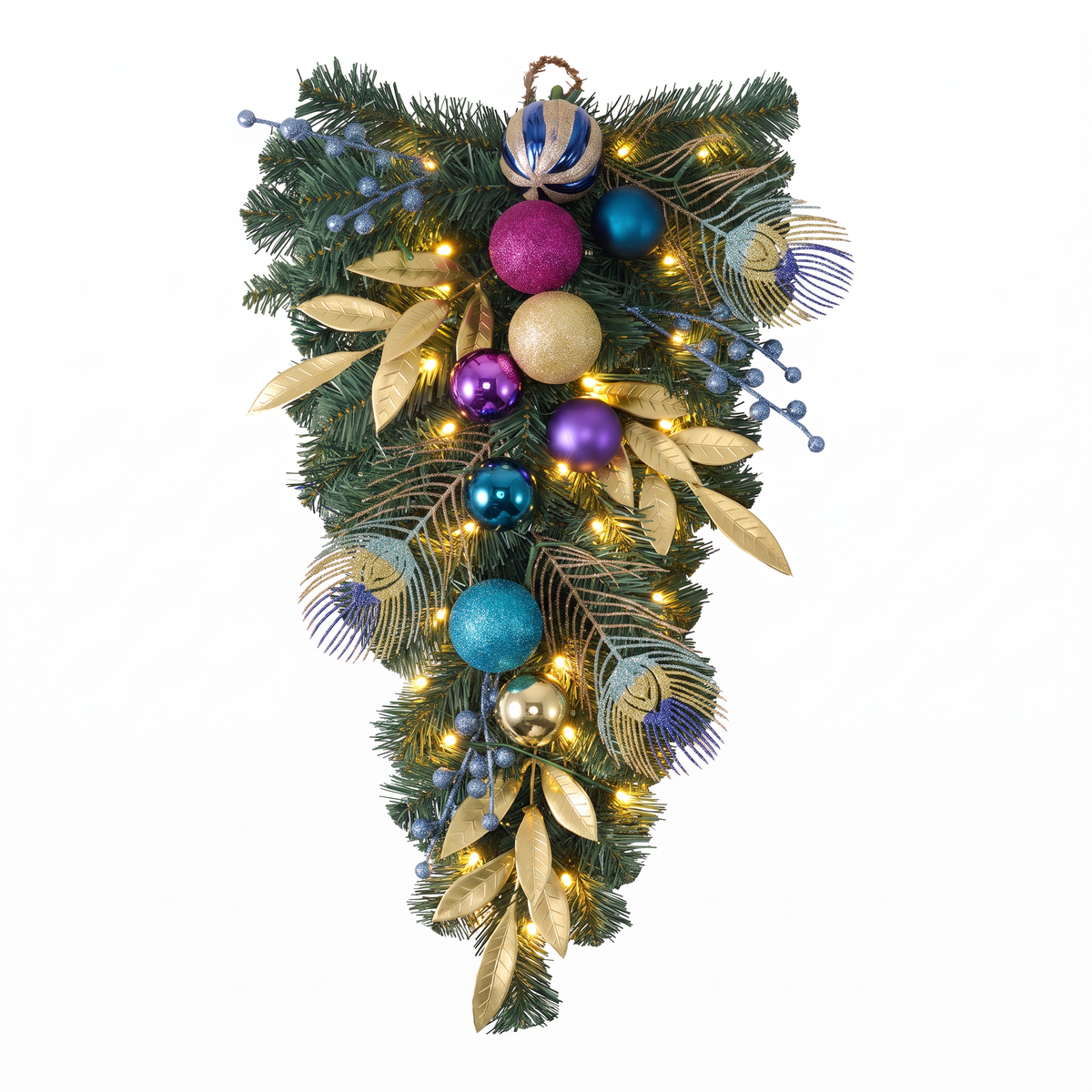 Valery Madelyn Pre-Lit 24" Peacock Christmas Front Door Swag Teardrop Decor