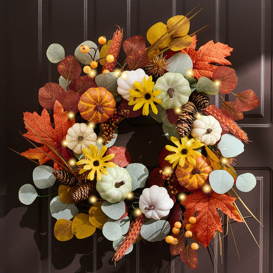 Valery Madelyn Fall Wreath with Lights for Front Door, 18" Autumn Door Wreath with White Pumpkins Silk Maple Leaves, Outdoor Fall Halloween Decorations for Home Porch Thanksgiving Harvest Table Decor-EG1301-0061