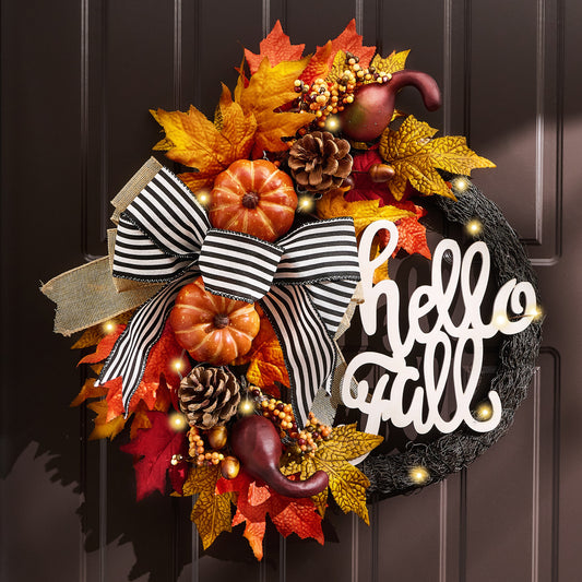 Valery Madelyn 22'' Collapsible Fall Wreaths for Front Door, Farmhouse Autumn Door Wreath with Lights Pumpkins Bow Outdoor Fall Halloween Decorations for Home Porch Thanksgiving Harvest Outdoor Decor