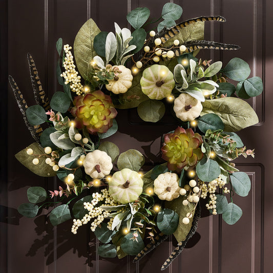 Valery Madelyn Fall Wreath with Light for Front Door, 18" Eucalyptus Autumn Door Wreath with White Pumpkins, Large Outdoor Fall Harvest Decorations for Home Porch Thanksgiving Table Decor-EG1301-0064