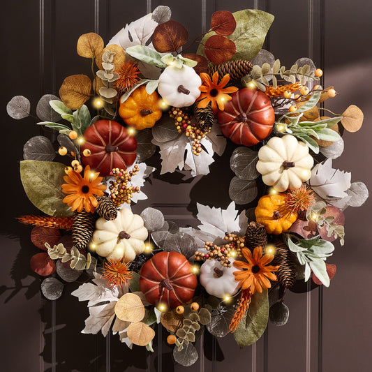 Valery Madelyn Collapsible Fall Wreath with Light for Front Door, 24" Autumn Door Wreath with Brown Pumpkin Silk Maple Leaves Outdoor Fall Halloween Decorations for Home Porch Thanksgiving Table Decor-EG1301-0062