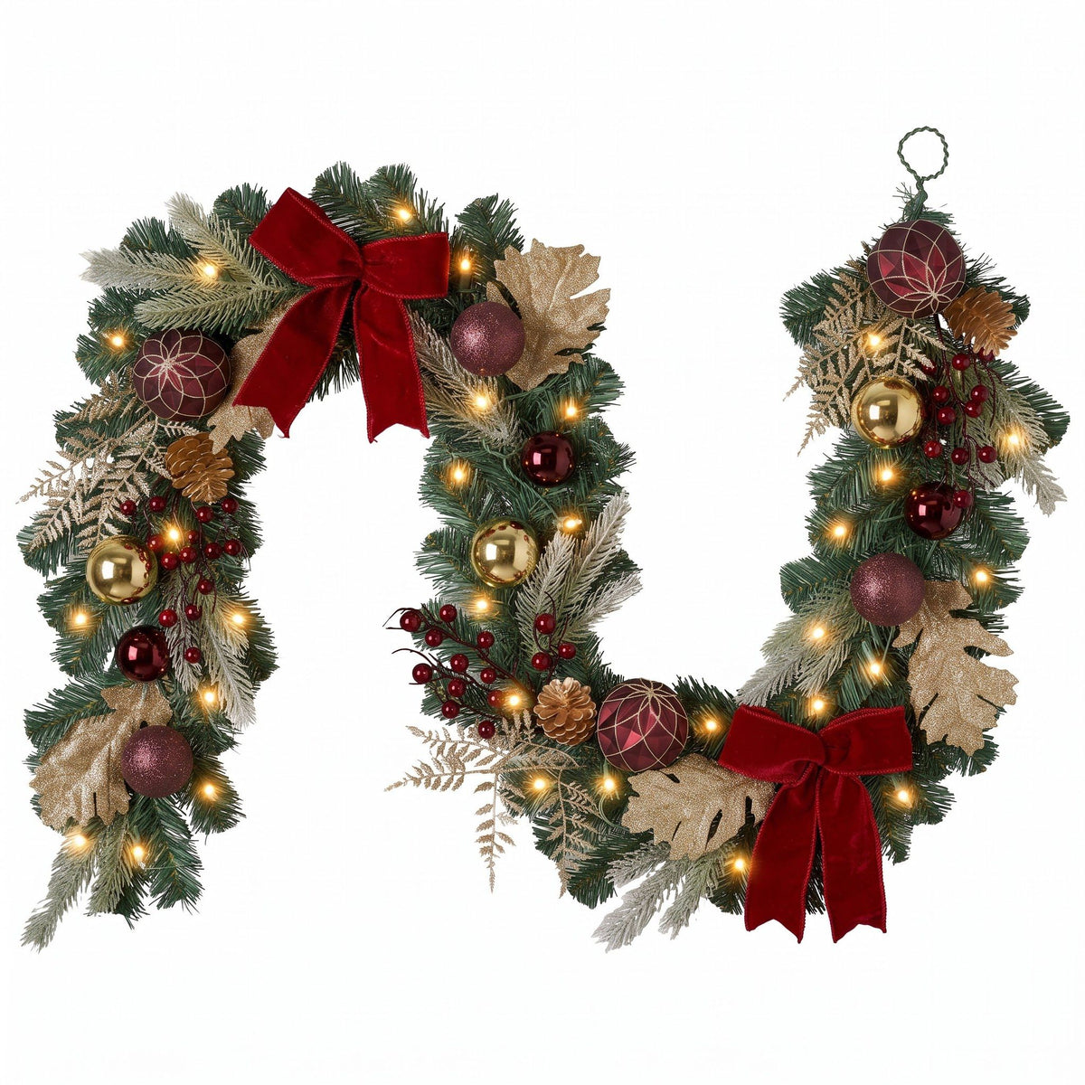 Valery Madelyn 6ft Pre-Lit Christmas Garland for Mantel Burgundy Gold