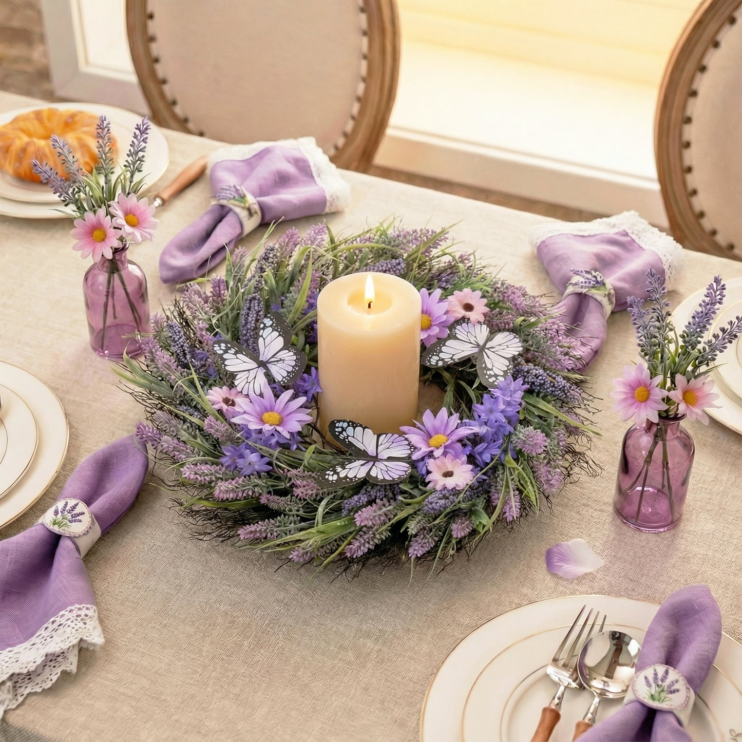 Valery Madelyn Summer Lavender Wreaths for Front Door with Lights, Artificial Spring Floral Wreath with Purple Bellflower Berries Butterfly for Fall Home Porch Window Party Wedding Wall Decor-18''