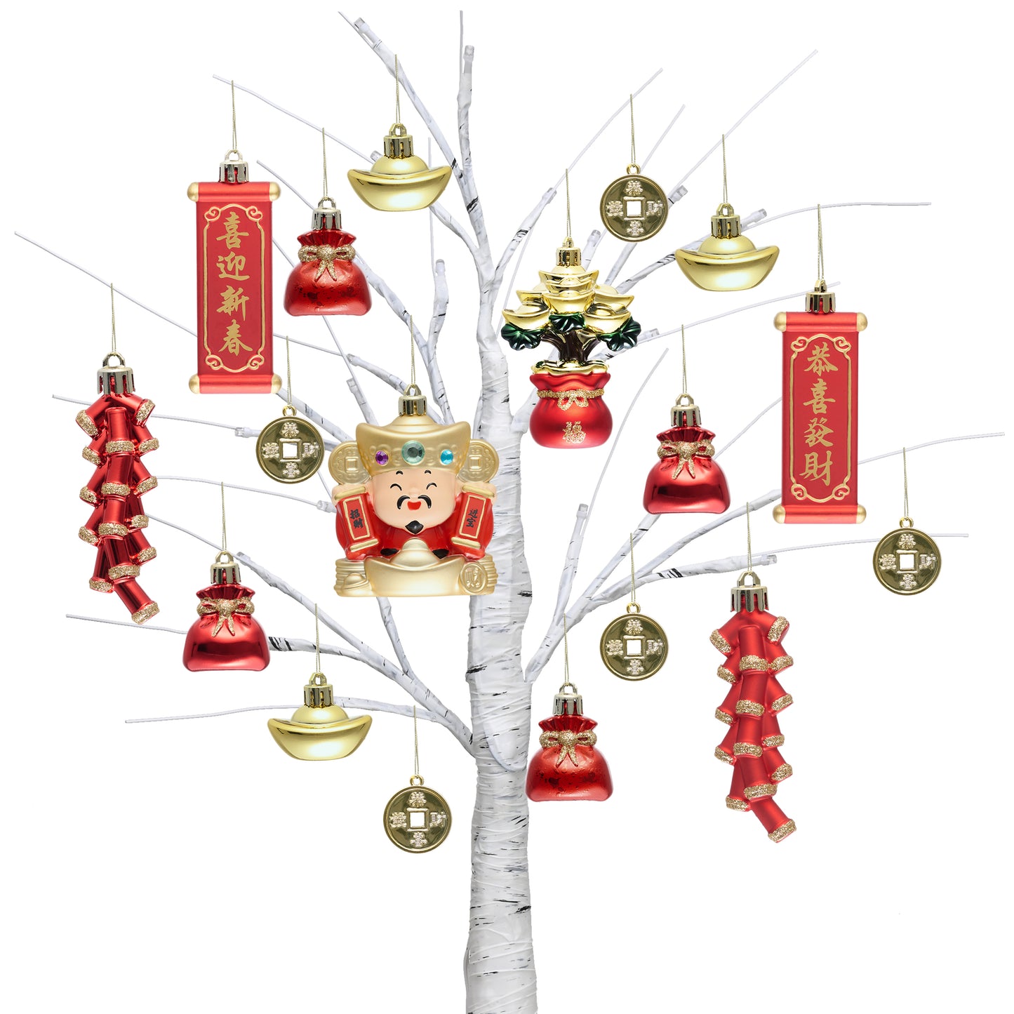 Valery Madelyn Chinese New Year Decorations Hanging Ornaments for Small Tree, 24ct Shatterproof Lion Dance Fu Character Gold Ingot Red Chinese Knots Copper Coin Lunar New Year Balls Bulk