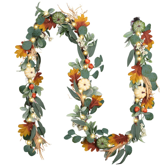 Valery Madelyn Fall Garland for Mantle, 9ft Lambs Ear Leaves Garland with Lights White Pumpkins Thanksgiving Table Centerpiece, Fall Autumn Decorations for Home Porch Fireplace Outdoor Halloween Decor
