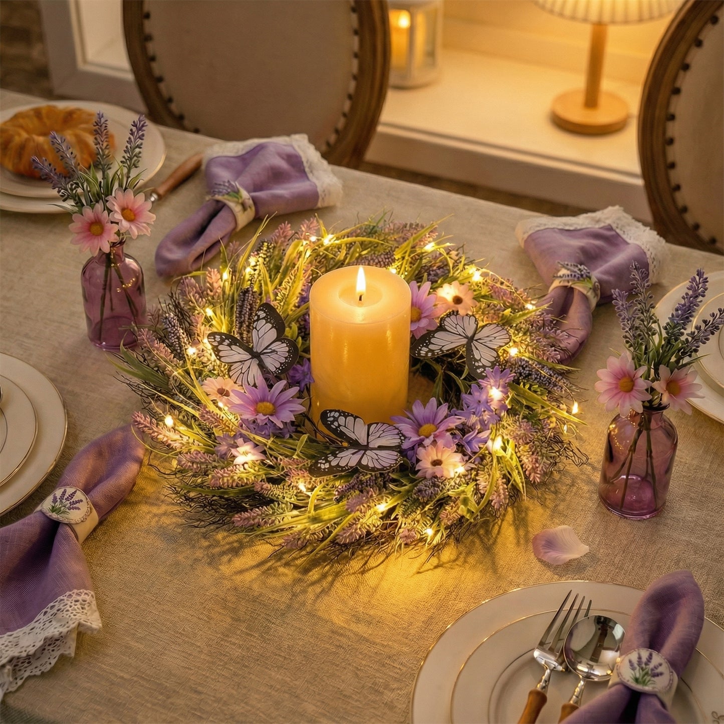 Valery Madelyn Summer Lavender Wreaths for Front Door with Lights, Artificial Spring Floral Wreath with Purple Bellflower Berries Butterfly for Fall Home Porch Window Party Wedding Wall Decor-18''