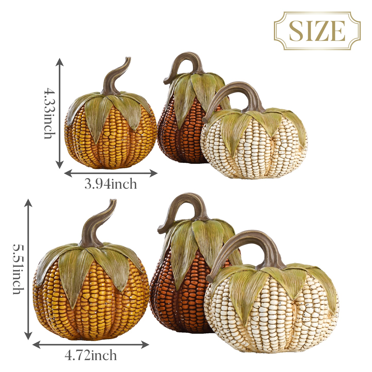 Valery Madelyn 3Pcs Fall Pumpkin Set, 6.3" Resin Artificial Corn Figurines for Table Centerpiece Thanksgiving Decor