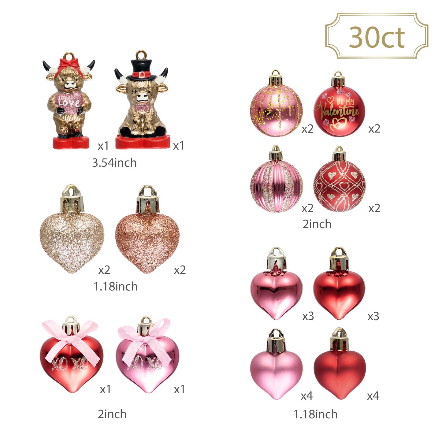 Valery Madelyn 30Pcs Valentines Highland Cow Ornaments Gift Pack, Craft Painted Heart Shaped Christmas Tree Decorations, Pink Red Gold Christmas Baubles Hanging Party Wedding Anniversary Decor