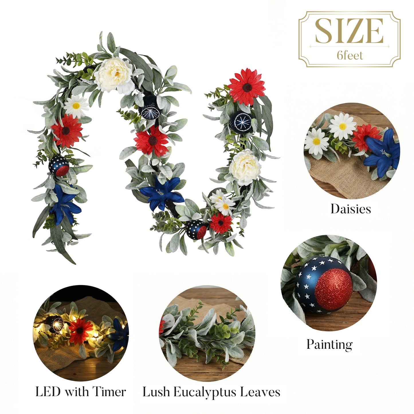 Valery Madelyn 6FT Patriotic Garland with Lights for Mantle, Red White Blue Garland with Ball Ornaments Butterfly for 4th of July Independence Day Decor