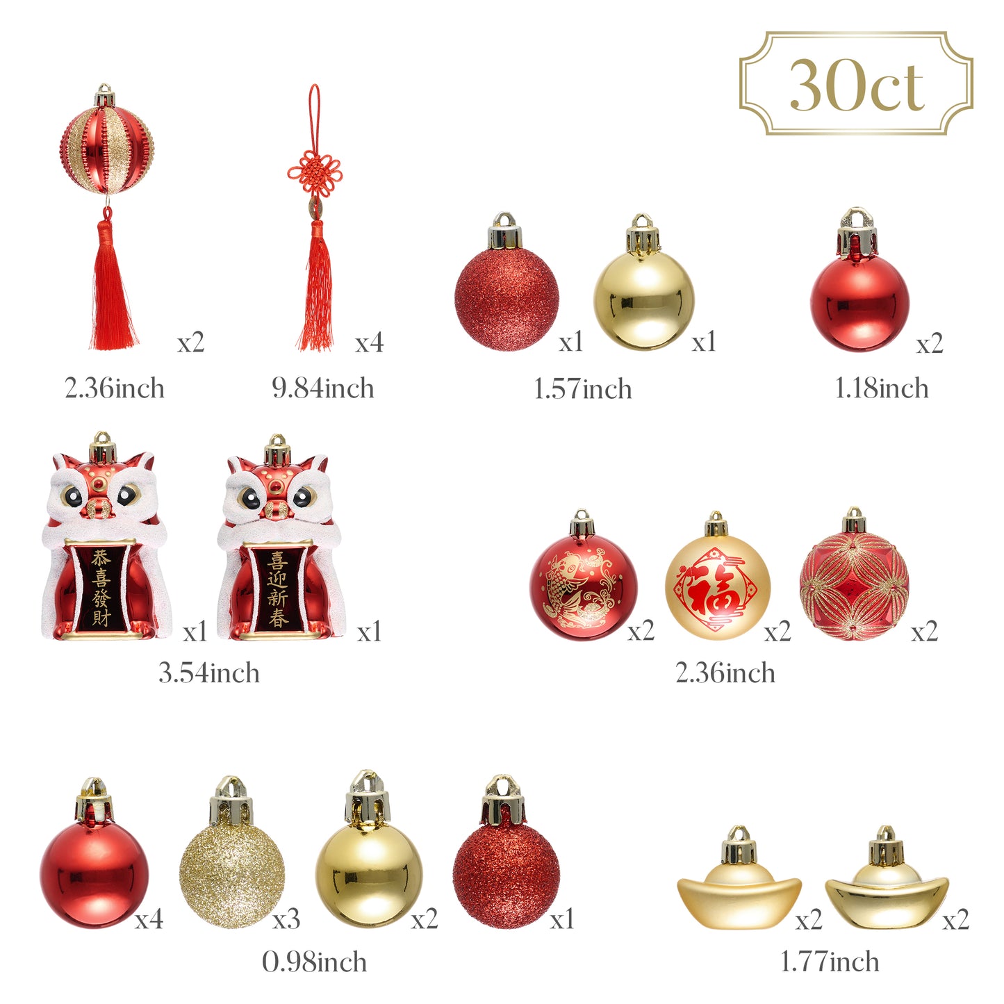 Valery Madelyn Chinese New Year Decorations Hanging Ornaments for Small Tree, 30ct Shatterproof Lion Dance Fu Character Gold Ingot Red Chinese Knots Copper Coin Lunar New Year Balls Bulk