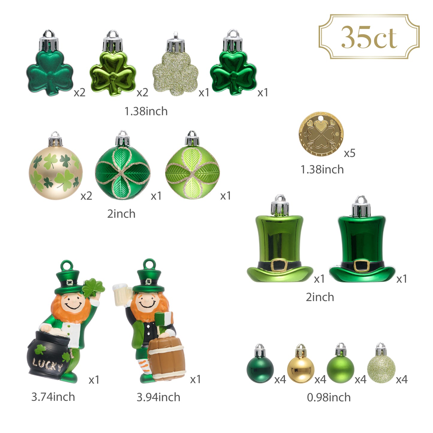 Valery Madelyn St Patricks Day Decorations Shamrock Tree Ornament Set, 35pcs Hanging Ball Ornament Irish Festival Decor, Good Luck Clover Green Gold Chirstmas Tree Decorations