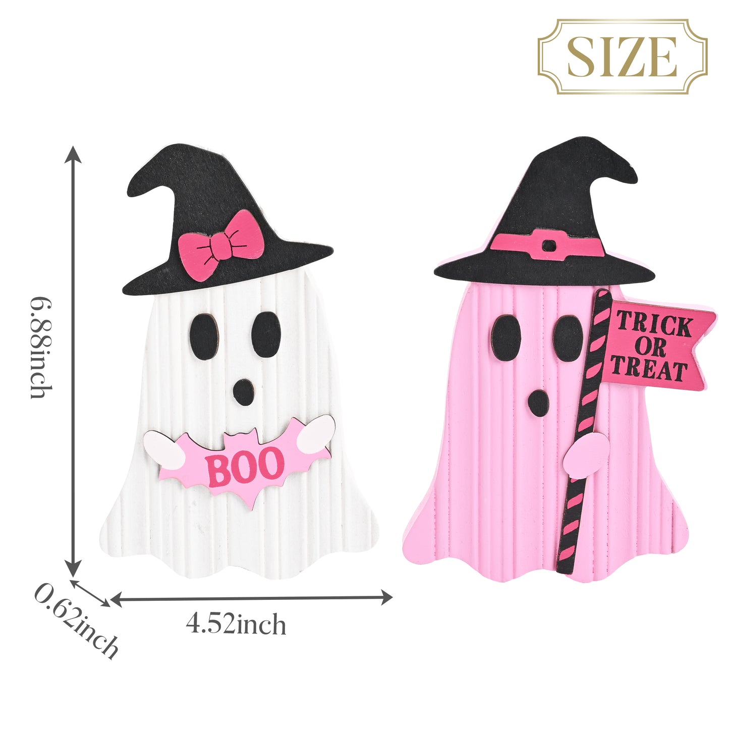 Valery Madelyn Pink Halloween Decorations, Set of 2 Cute Halloween Ghost Decor, Witch Hat Boo & Trick or Treat Wooden Tabletop Signs for Home, Shelf, Tiered Tray Party Display, 7 Inch