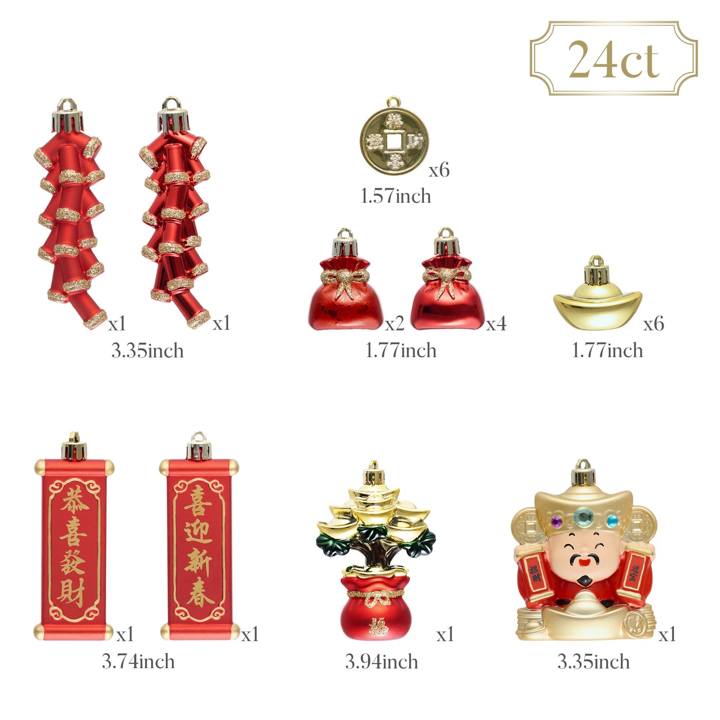 Valery Madelyn Chinese New Year Decorations Hanging Ornaments for Small Tree, 24ct Shatterproof Lion Dance Fu Character Gold Ingot Red Chinese Knots Copper Coin Lunar New Year Balls Bulk