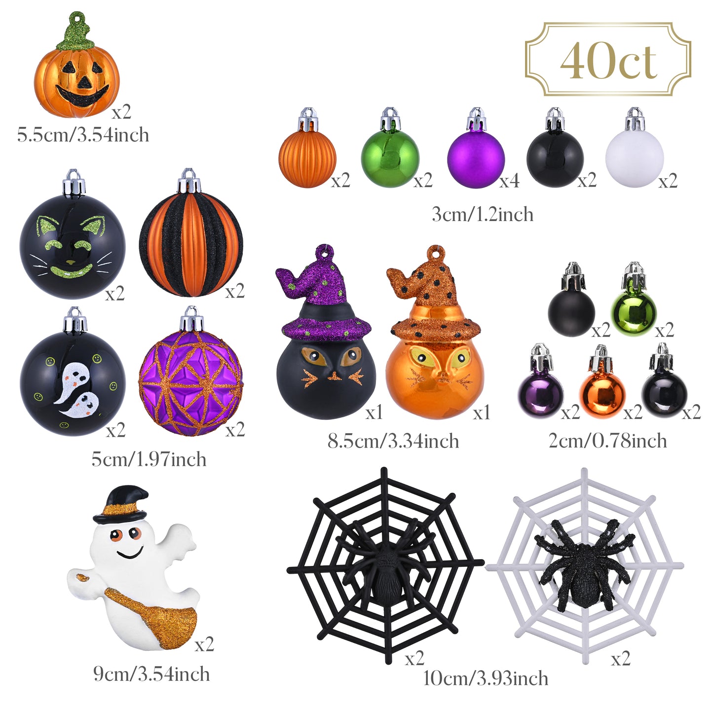 Valery Madelyn 40ct Halloween Ornaments, Shatterproof Ghost Cat Jack-o'-Lantern Set for Small Tree Decor