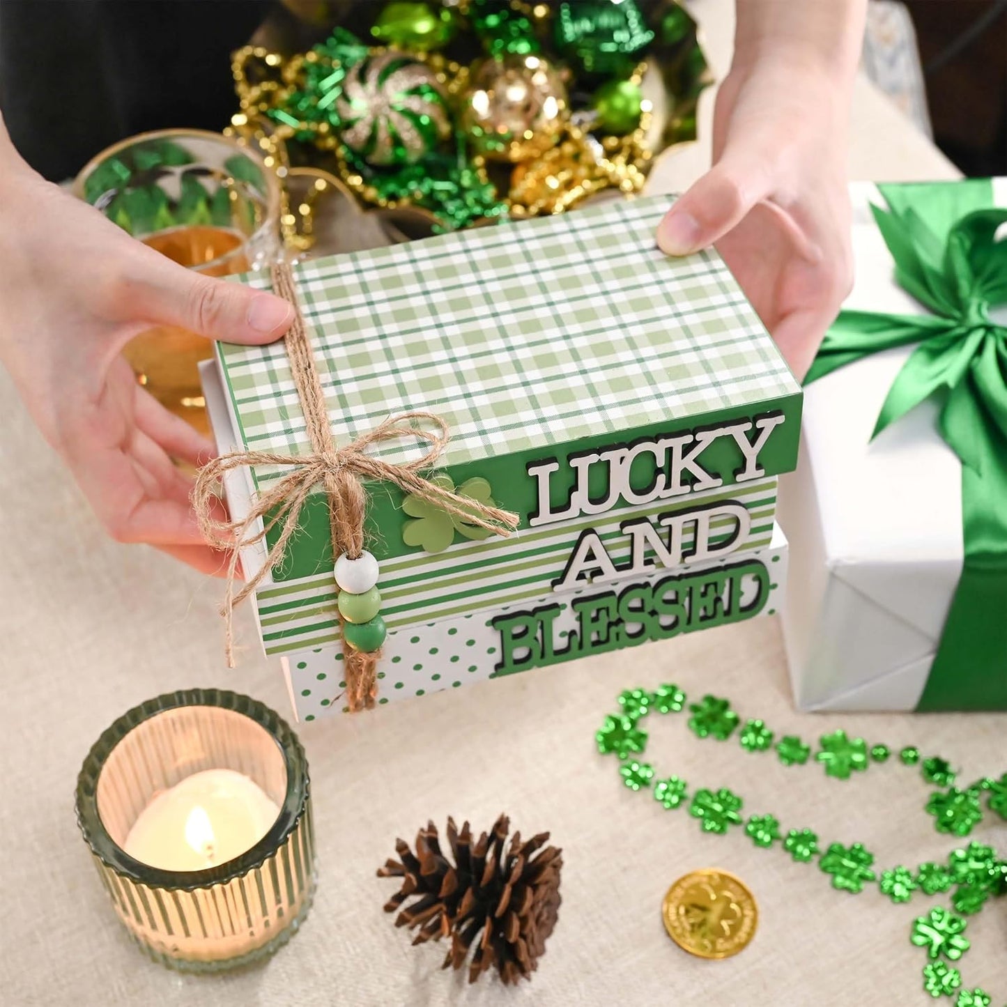 Valery Madelyn St Patrick's Day Decorations, St Patrick's Day Wooden Book Decor, Shamrock Decorations for Tiered Tray Shelf Coffeetable Sidetable Home Office with Tassel and Beads, 7 inch
