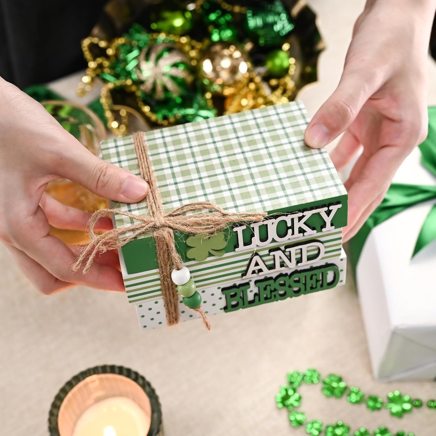 Valery Madelyn St Patrick's Day Decorations, St Patrick's Day Wooden Book Decor, Shamrock Decorations for Tiered Tray Shelf Coffee Table Side Table Home Office with Tassel and Beads, 5 inch