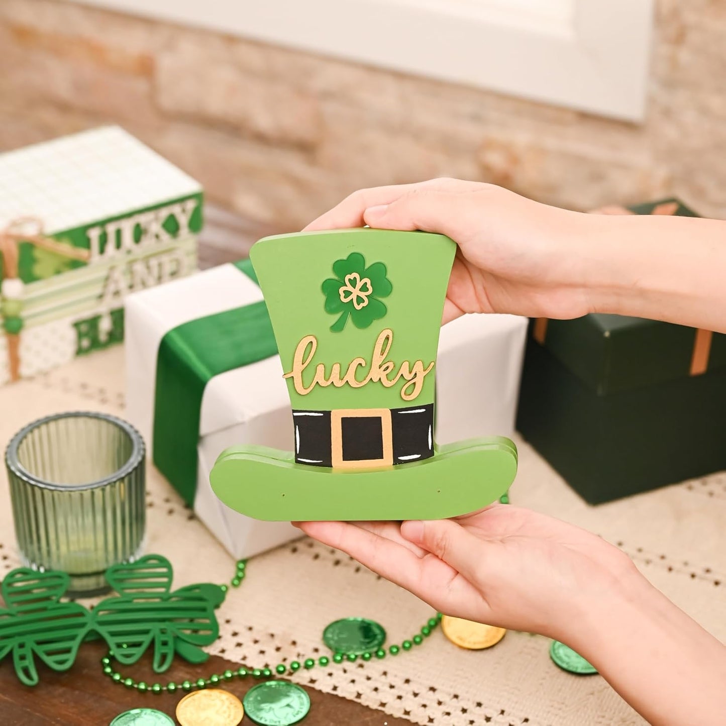 Valery Madelyn St Patrick's Day Decorations for Table, Wooden St Patrick's Day Hat Decorations, Leprechaun Hat Table Centerpieces for Shelf Tiered Tray Desk Home Office with Clover, 6 inch