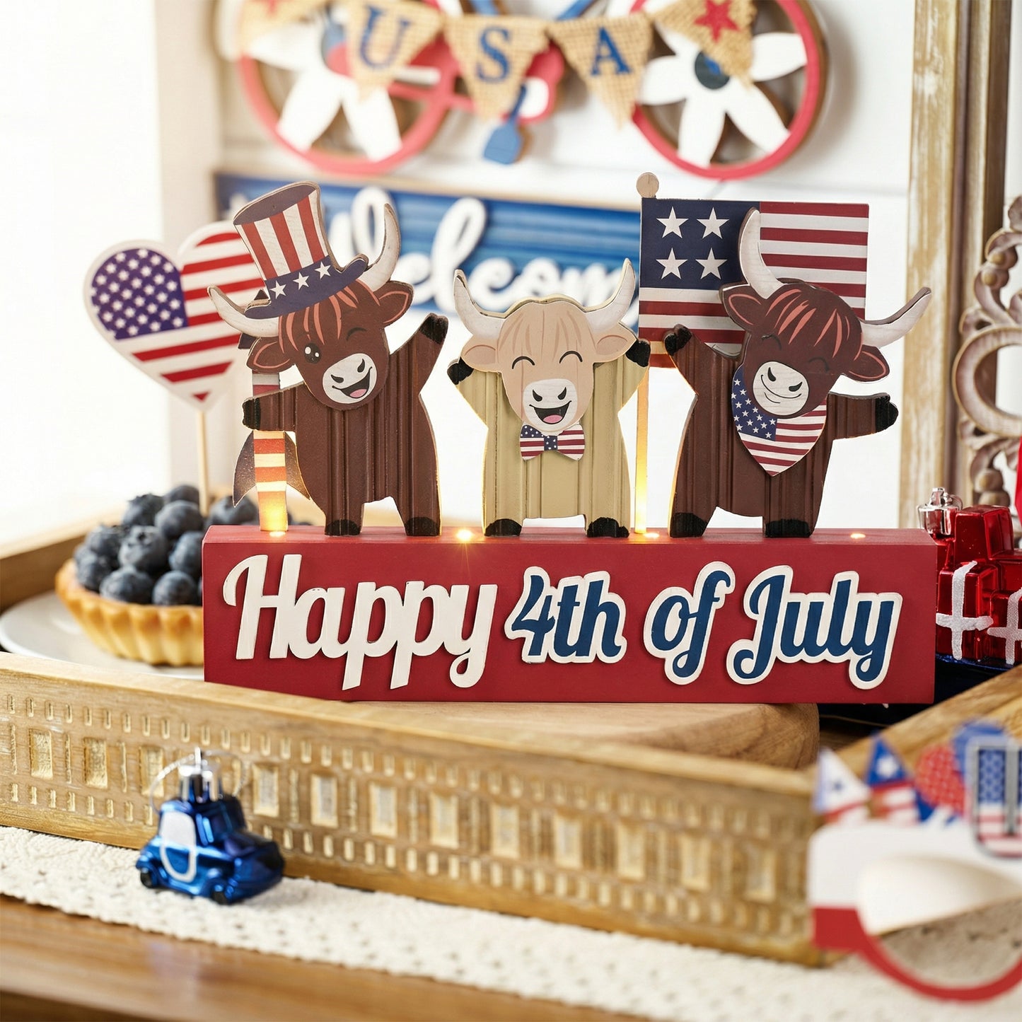Valery Madelyn 4th of July Decorations with LED Light, Lighted Patriotic Highland Cow Decor, Wooden Americana Sign for Memorial Day Independence Day Labor Veteran Day Indoor, 12 inch