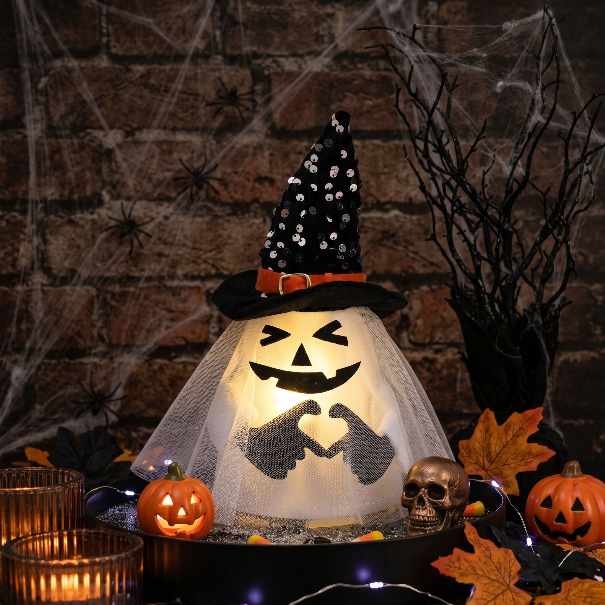 Valery Madelyn Halloween Ghost Lighted Tree Topper with Timer, 10.5 Inch Tree Topper with Spider Webs Witch Hat, Pre-Lit White Ghost Decor for Halloween Tree Decoration, Indoor Party