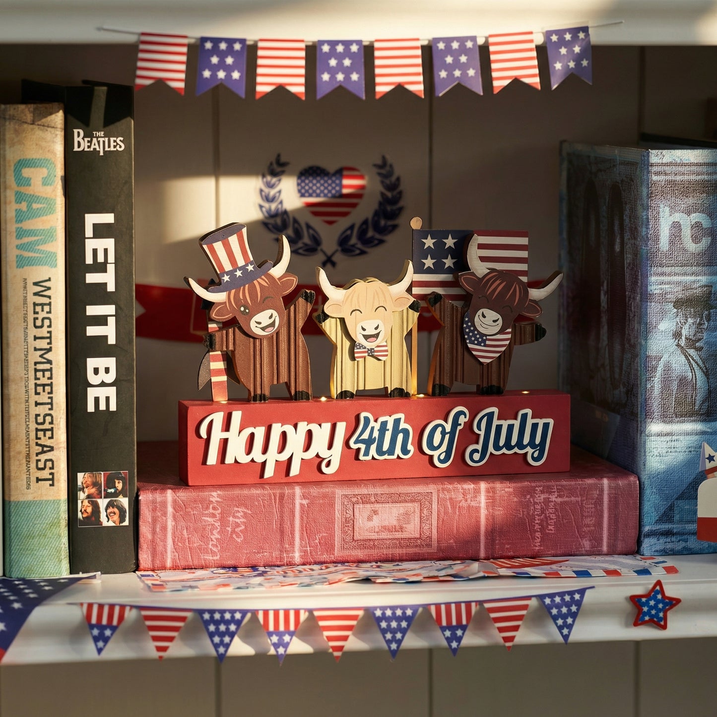 Valery Madelyn 4th of July Decorations with LED Light, Lighted Patriotic Highland Cow Decor, Wooden Americana Sign for Memorial Day Independence Day Labor Veteran Day Indoor, 12 inch