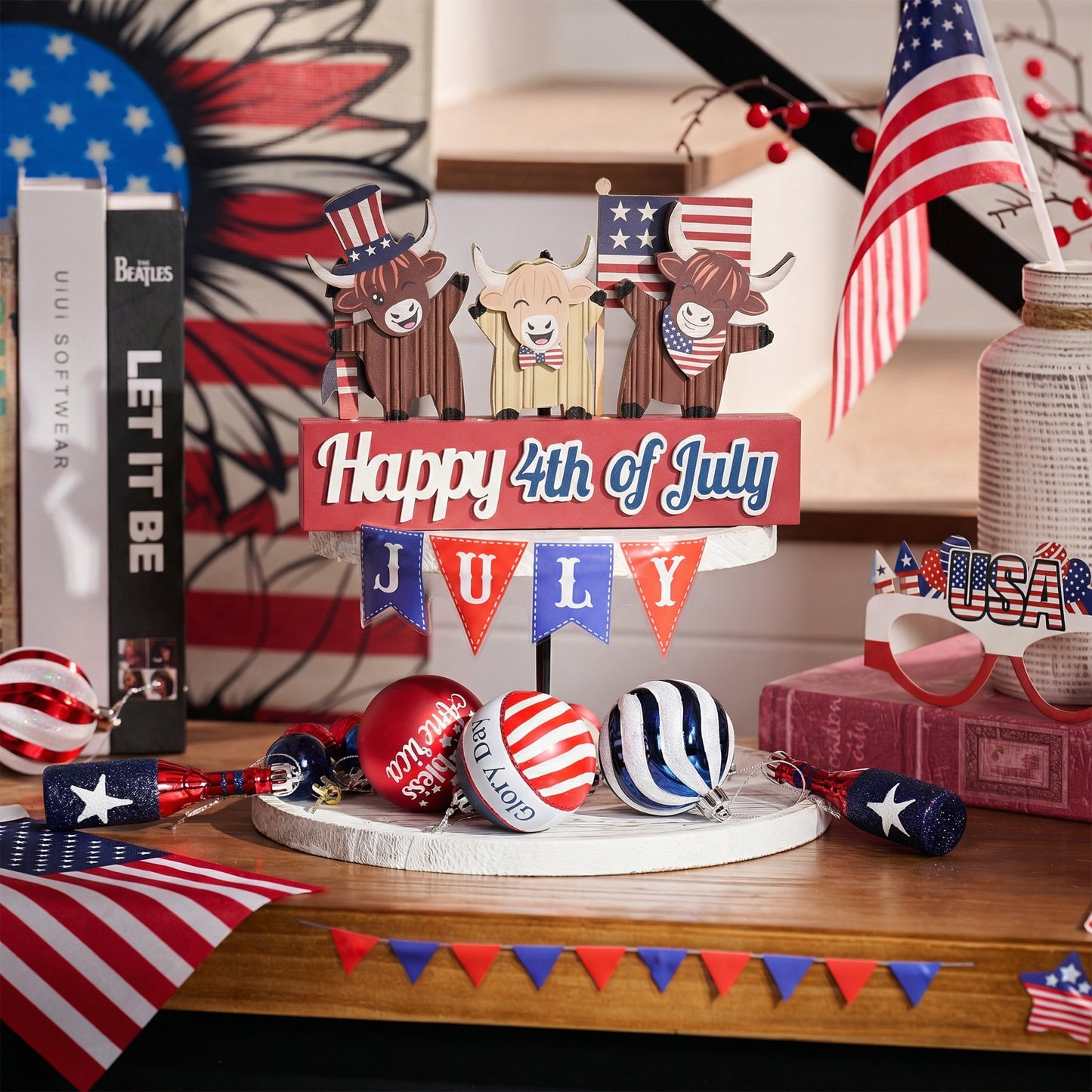 Valery Madelyn 4th of July Decorations with LED Light, Lighted Patriotic Highland Cow Decor, Wooden Americana Sign for Memorial Day Independence Day Labor Veteran Day Indoor, 12 inch
