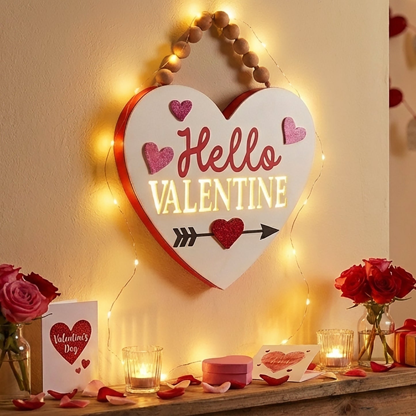 Valery Madelyn Valentines Day Decorations, Wooden Heart Decor with LED Light, Valentine Wreath for Front Door, Romantic Heart Decorations for Home Proposal Wedding Anniversary, 11 inch