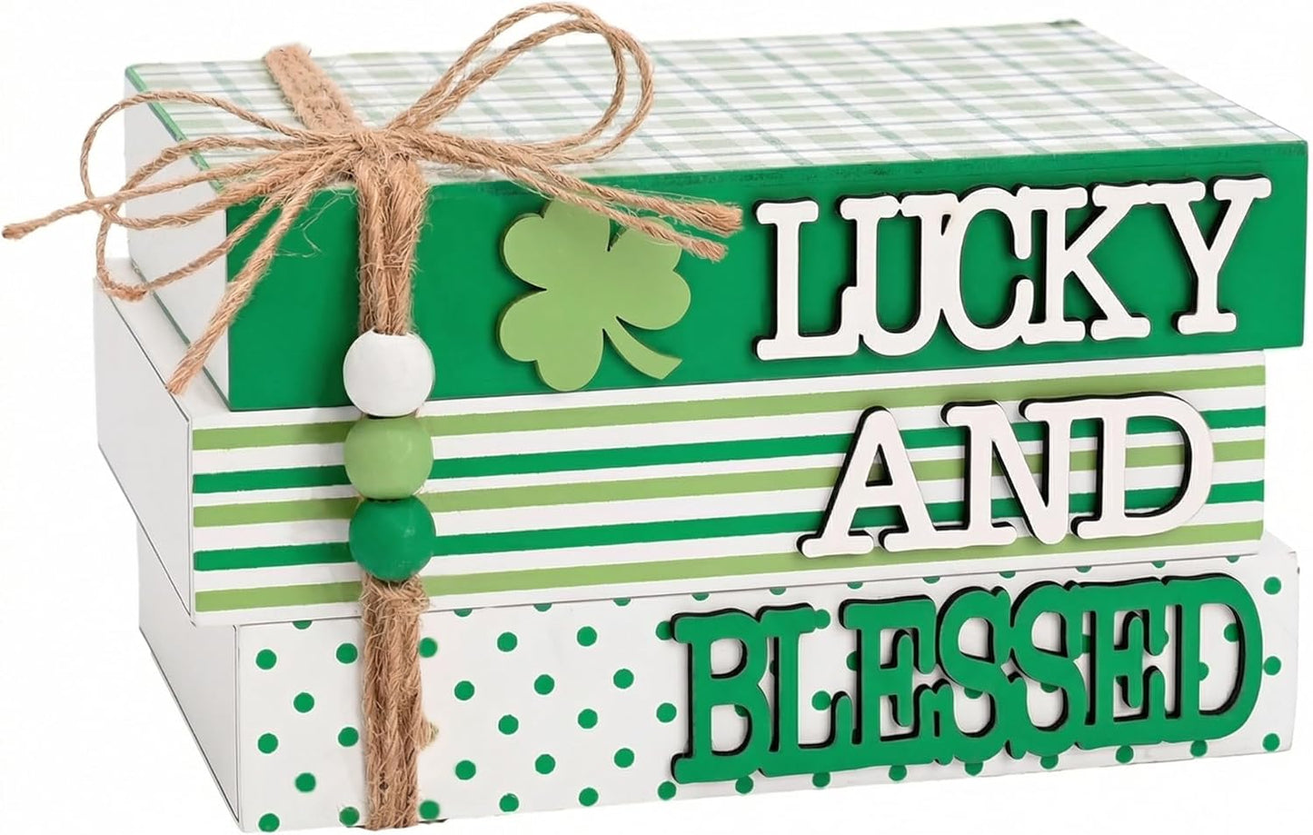 Valery Madelyn St Patrick's Day Decorations, St Patrick's Day Wooden Book Decor, Shamrock Decorations for Tiered Tray Shelf Coffee Table Side Table Home Office with Tassel and Beads, 5 inch