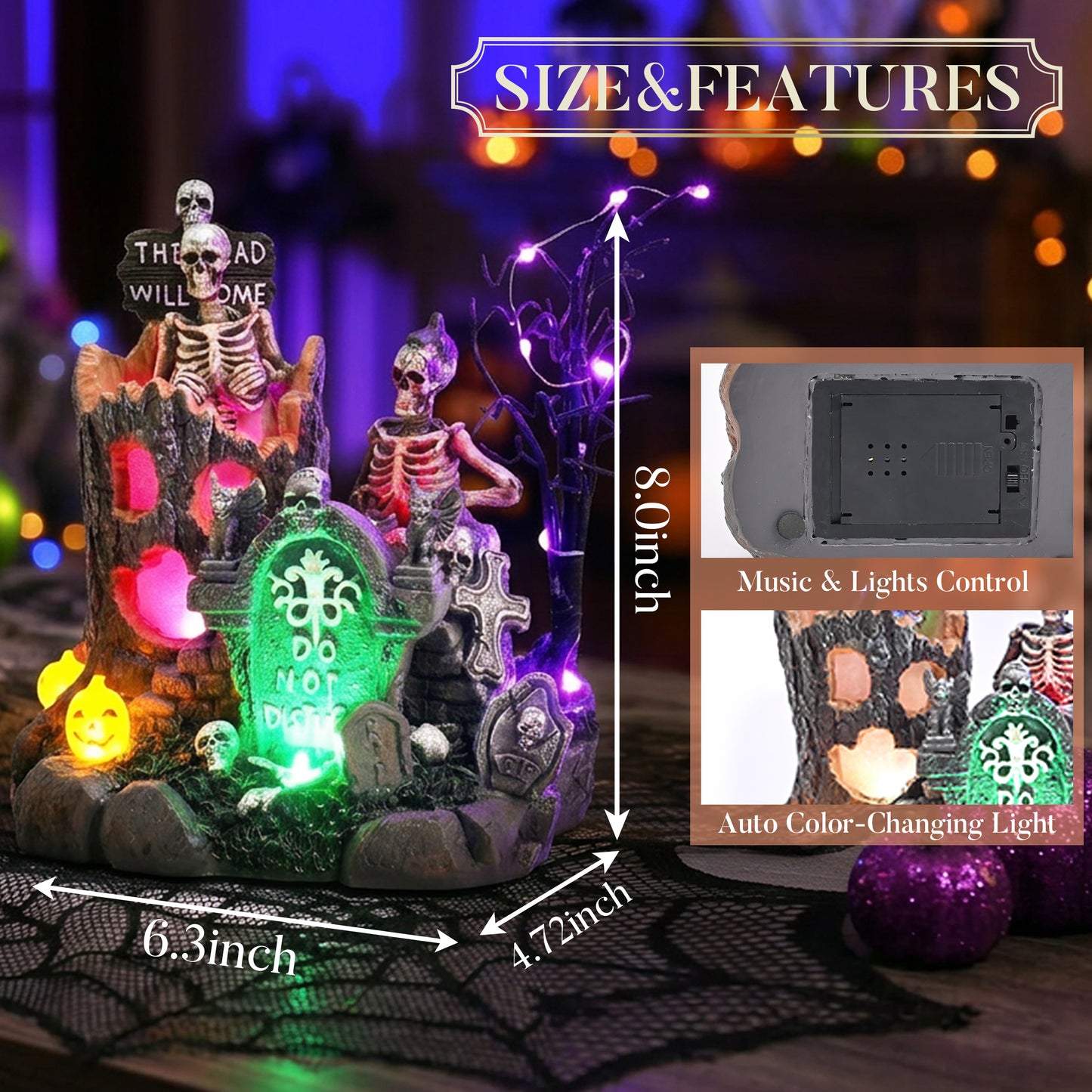Valery Madelyn Halloween Decorations, Lighted Halloween Village with Music and LED Lights, Resin Spooky Tree and Skeleton Gravestones Scene Haunted House for Home and Party Table Desk Mantel, 8 Inch