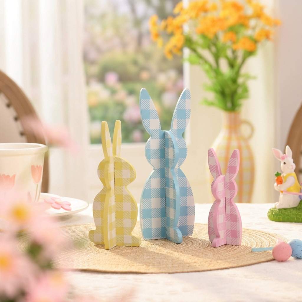Valery Madelyn Easter Decorations, Bunny Decor Table Centerpiece, 3 Pcs Wooden Easter Decor Indoor, Cute Bunny Decorations for Table Shelf Tiered Tray Home Livingroom Kitchen Bedroom, 5-8 inch