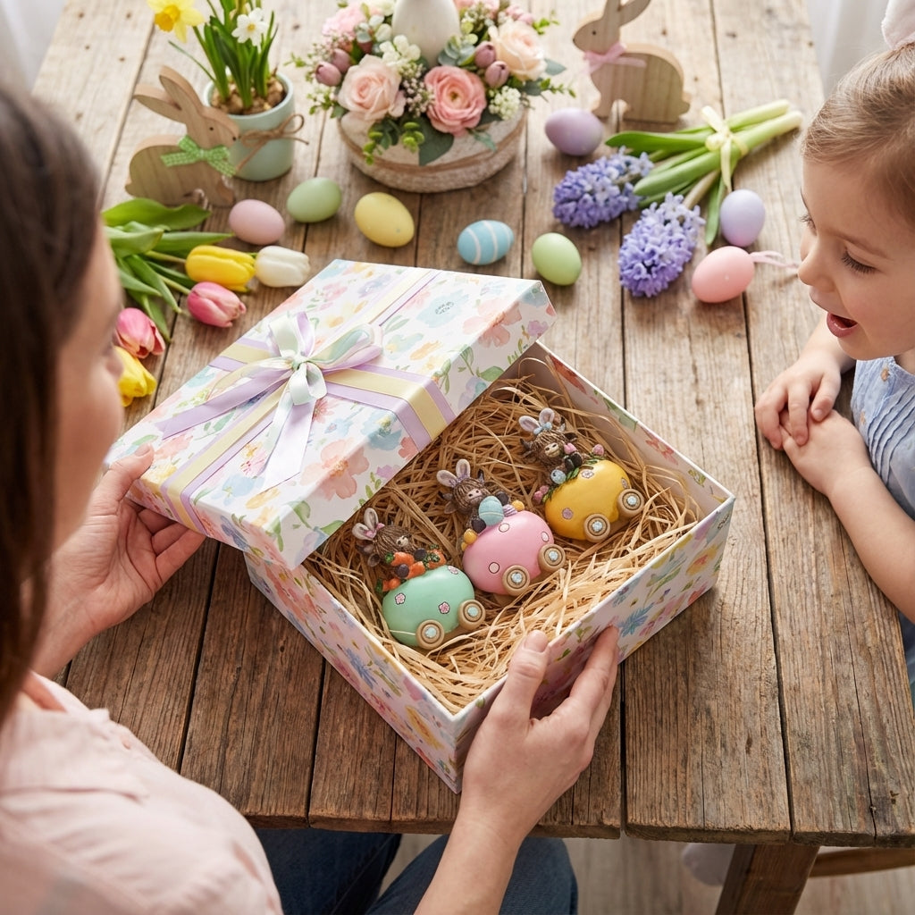 Valery Madelyn Easter Decor 3Pcs Highland Cow Bunny Figurines, Resin Egg Train Statues with Carrots & Eggs, Cute Spring Tabletop Tiered Tray Decor for Home, Holiday Party Centerpieces, 4inch