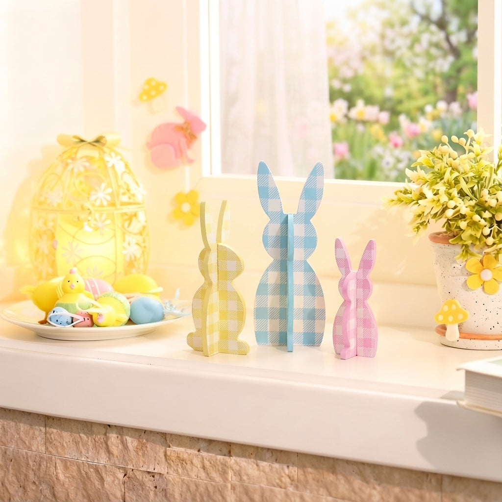 Valery Madelyn Easter Decorations, Bunny Decor Table Centerpiece, 3 Pcs Wooden Easter Decor Indoor, Cute Bunny Decorations for Table Shelf Tiered Tray Home Livingroom Kitchen Bedroom, 5-8 inch