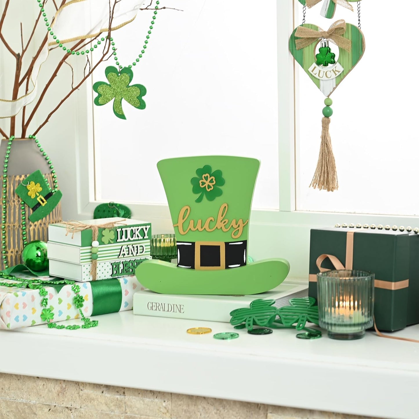 Valery Madelyn St Patrick's Day Decorations for Table, Wooden St Patrick's Day Hat Decorations, Leprechaun Hat Table Centerpieces for Shelf Tiered Tray Desk Home Office with Clover, 9 inch