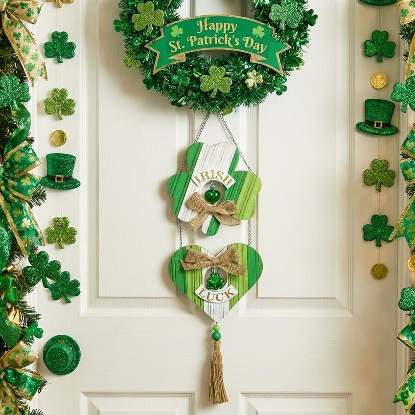 Valery Madelyn St Patrick's Day Decorations, Wooden Shamrock Decorations, St Patrick's Day Wall Decor Hanging Decor with Tassel and Beads, Spring Decoration for Home Office Party, 17 inch