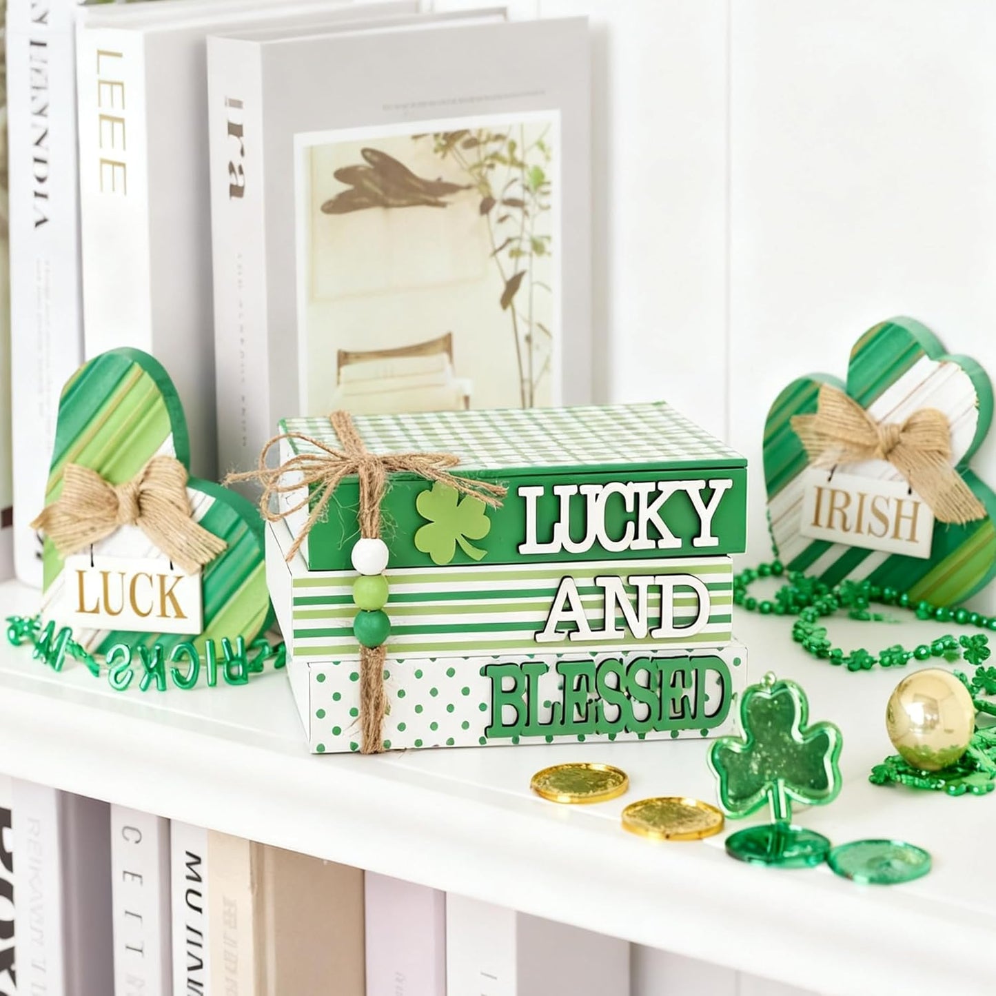 Valery Madelyn St Patrick's Day Decorations, St Patrick's Day Wooden Book Decor, Shamrock Decorations for Tiered Tray Shelf Coffee Table Side Table Home Office with Tassel and Beads, 5 inch