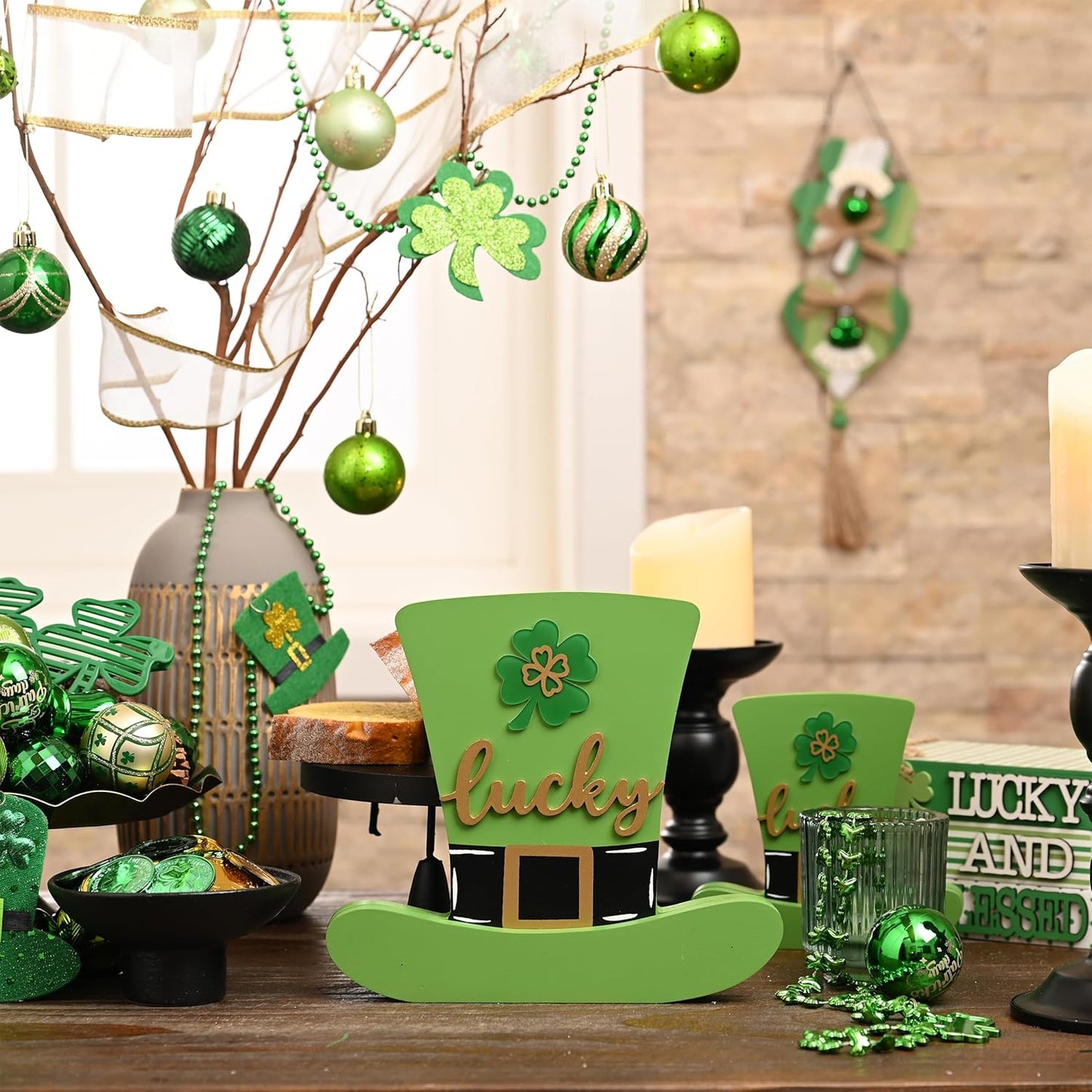 Valery Madelyn St Patrick's Day Decorations for Table, Wooden St Patrick's Day Hat Decorations, Leprechaun Hat Table Centerpieces for Shelf Tiered Tray Desk Home Office with Clover, 9 inch
