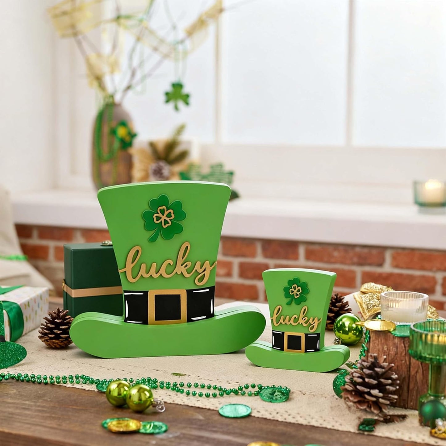 Valery Madelyn St Patrick's Day Decorations for Table, Wooden St Patrick's Day Hat Decorations, Leprechaun Hat Table Centerpieces for Shelf Tiered Tray Desk Home Office with Clover, 9 inch