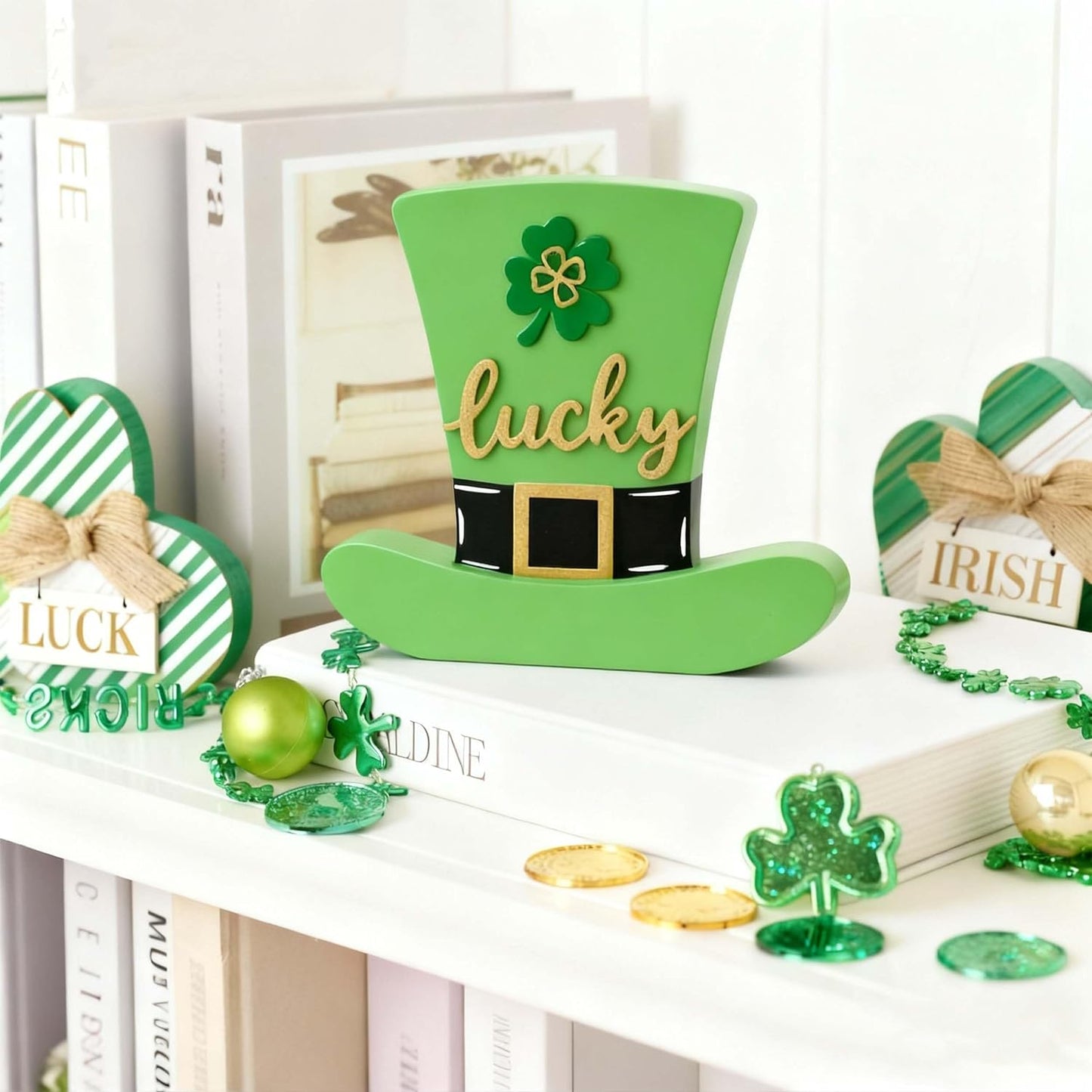 Valery Madelyn St Patrick's Day Decorations for Table, Wooden St Patrick's Day Hat Decorations, Leprechaun Hat Table Centerpieces for Shelf Tiered Tray Desk Home Office with Clover, 6 inch
