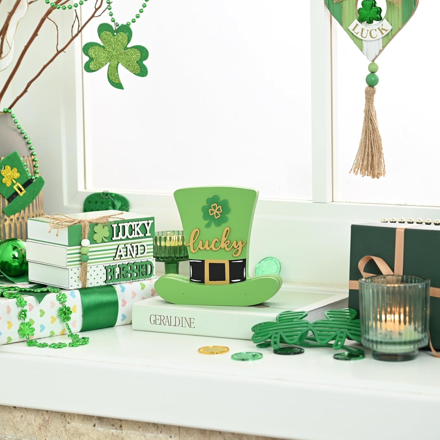 Valery Madelyn St Patrick's Day Decorations for Table, Wooden St Patrick's Day Hat Decorations, Leprechaun Hat Table Centerpieces for Shelf Tiered Tray Desk Home Office with Clover, 6 inch