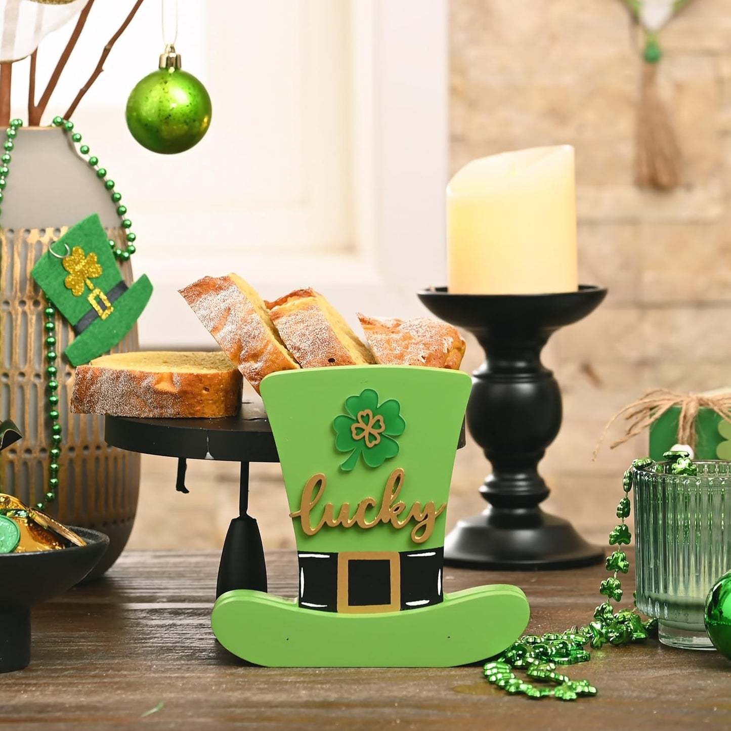 Valery Madelyn St Patrick's Day Decorations for Table, Wooden St Patrick's Day Hat Decorations, Leprechaun Hat Table Centerpieces for Shelf Tiered Tray Desk Home Office with Clover, 6 inch