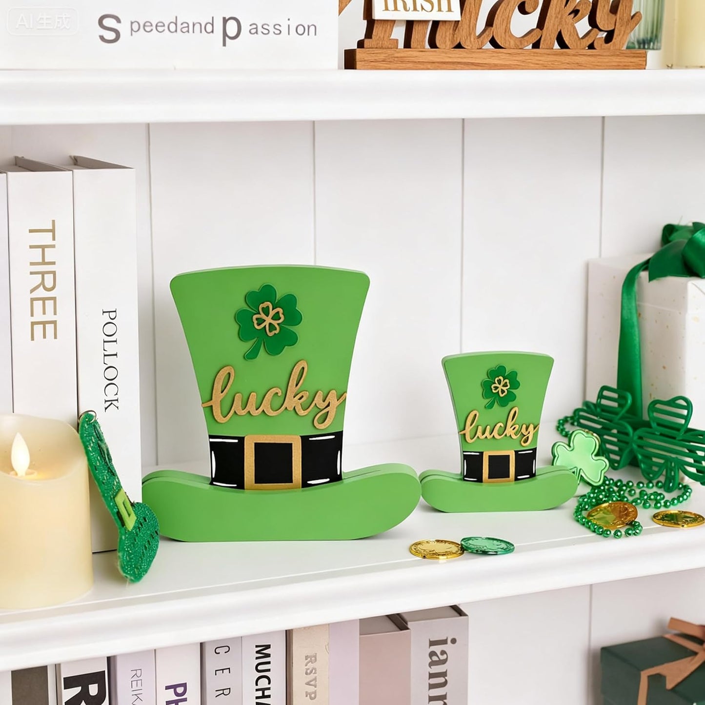 Valery Madelyn St Patrick's Day Decorations for Table, Wooden St Patrick's Day Hat Decorations, Leprechaun Hat Table Centerpieces for Shelf Tiered Tray Desk Home Office with Clover, 9 inch